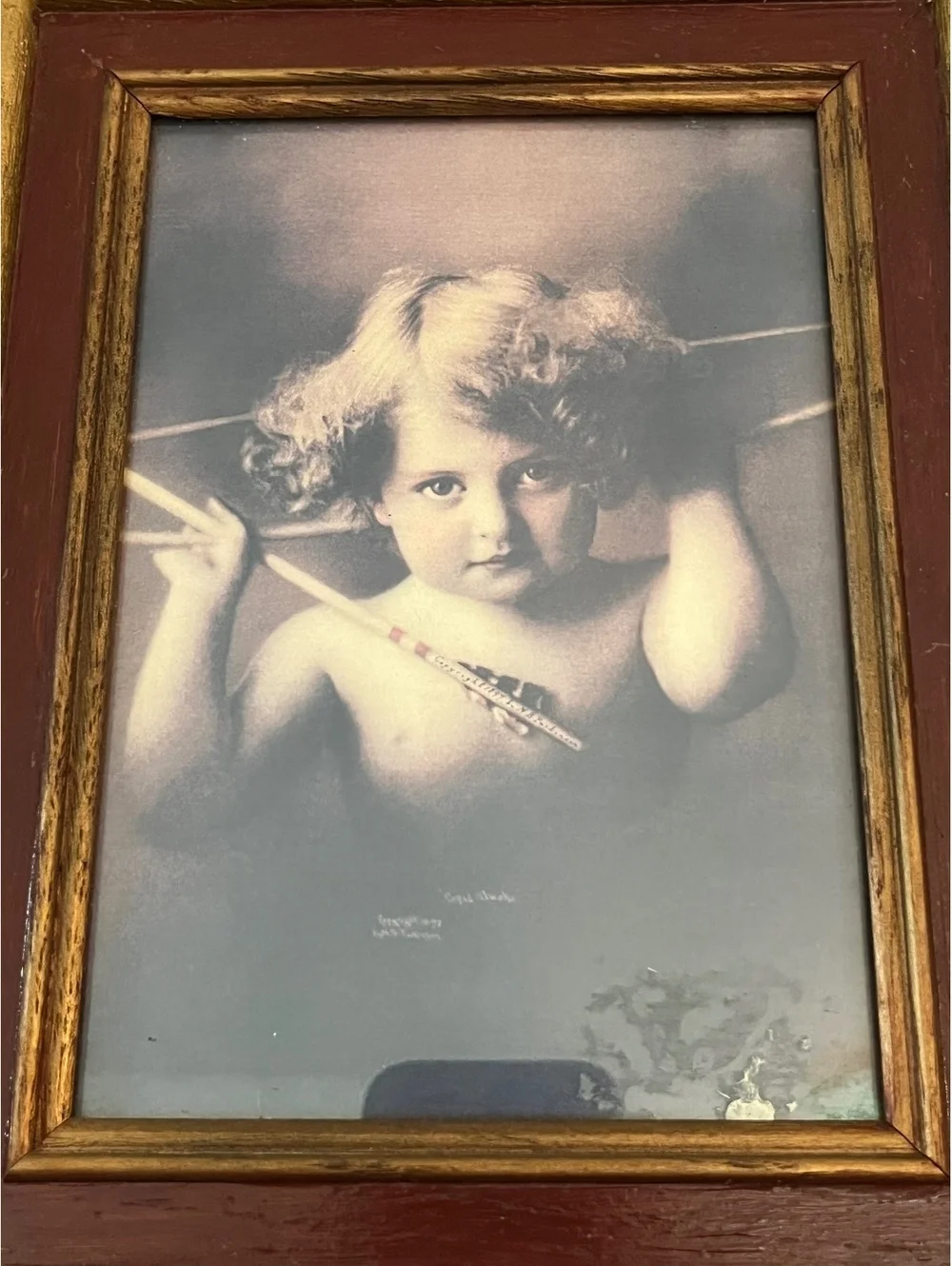Pair of Vintage Framed Prints Featuring Cherubic Children with Arrows in Gold-Tw
